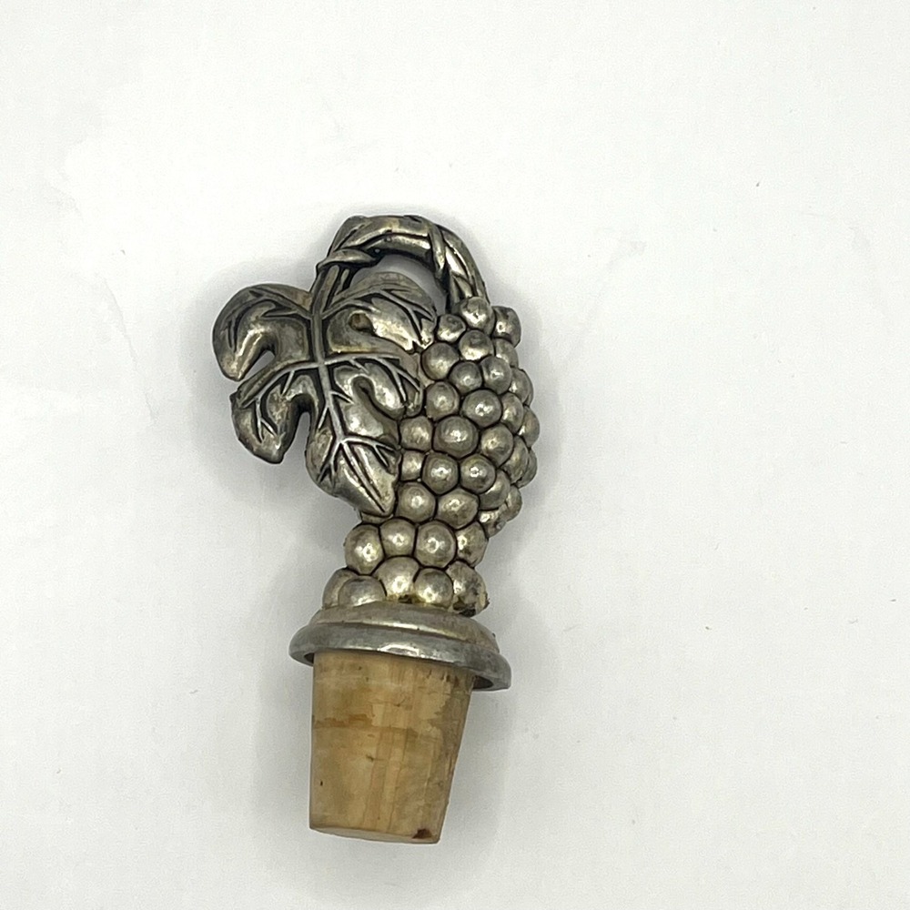 Vintage Silver Toned Grapes Heavy Metal Wine Cork Bottle Stopper Leaves‎ 3.5"